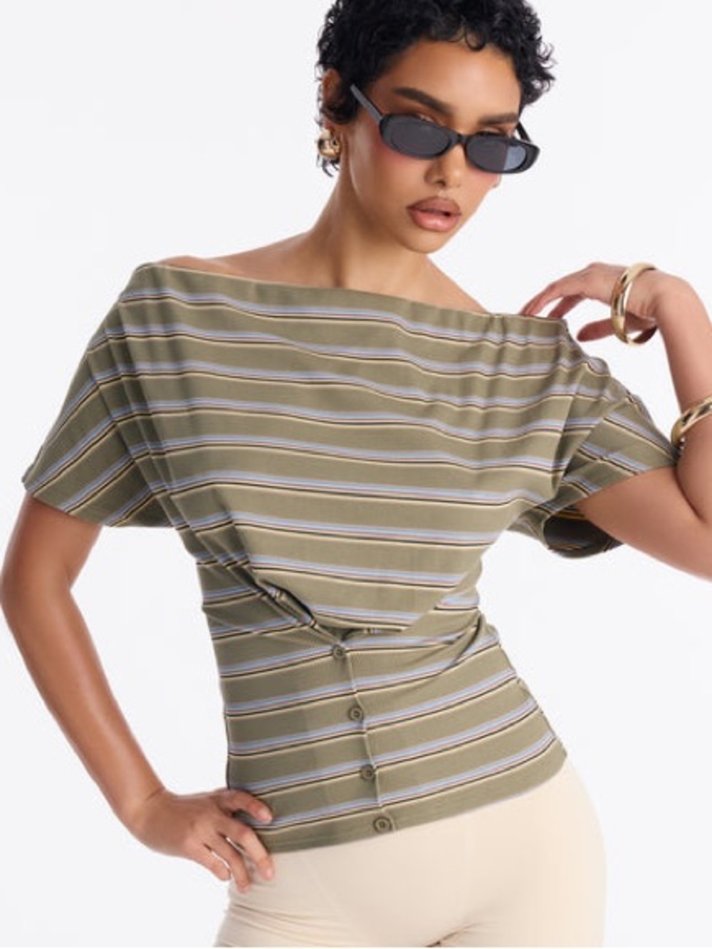 NWOT Fashion Nova Olive Striped Off Shoulder Short Sleeve Fitted Top